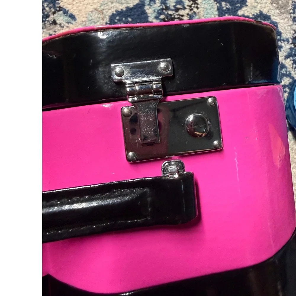 Vintage Pink Black Heart Shaped Makeup Train Case Vanity Mirror Box Y2K Storage